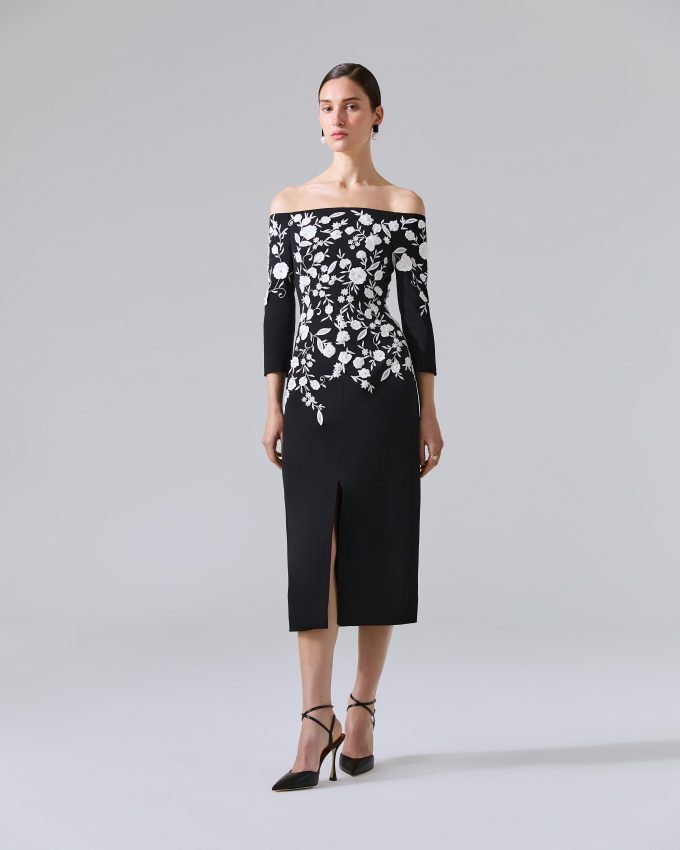Floral-Embroidered Off-The-Shoulder Dress