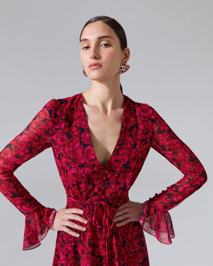 Rose-Print Georgette Midi Dress