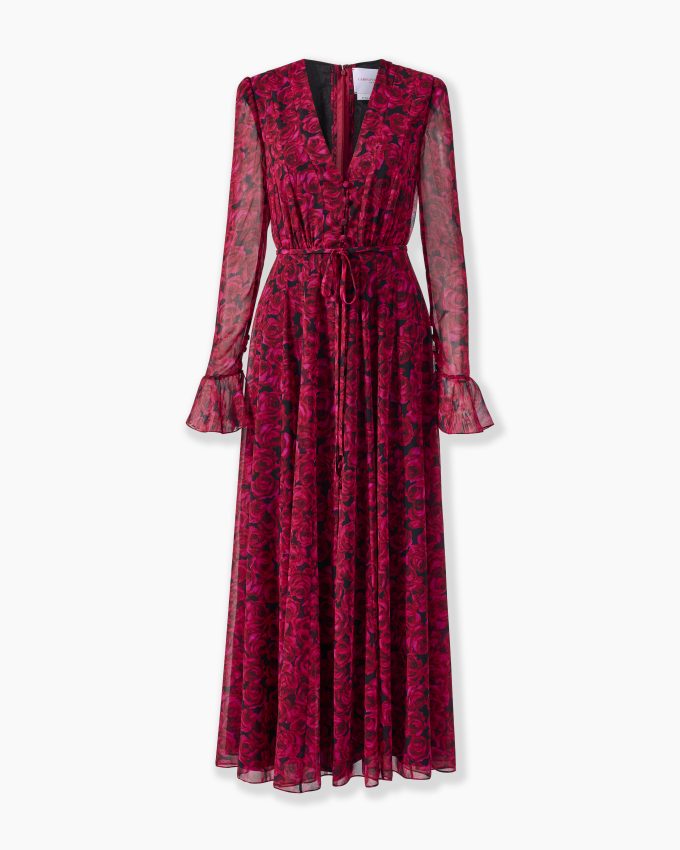 Rose-Print Georgette Midi Dress