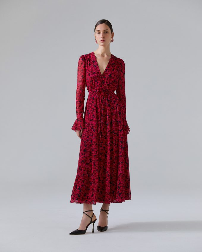 Rose-Print Georgette Midi Dress