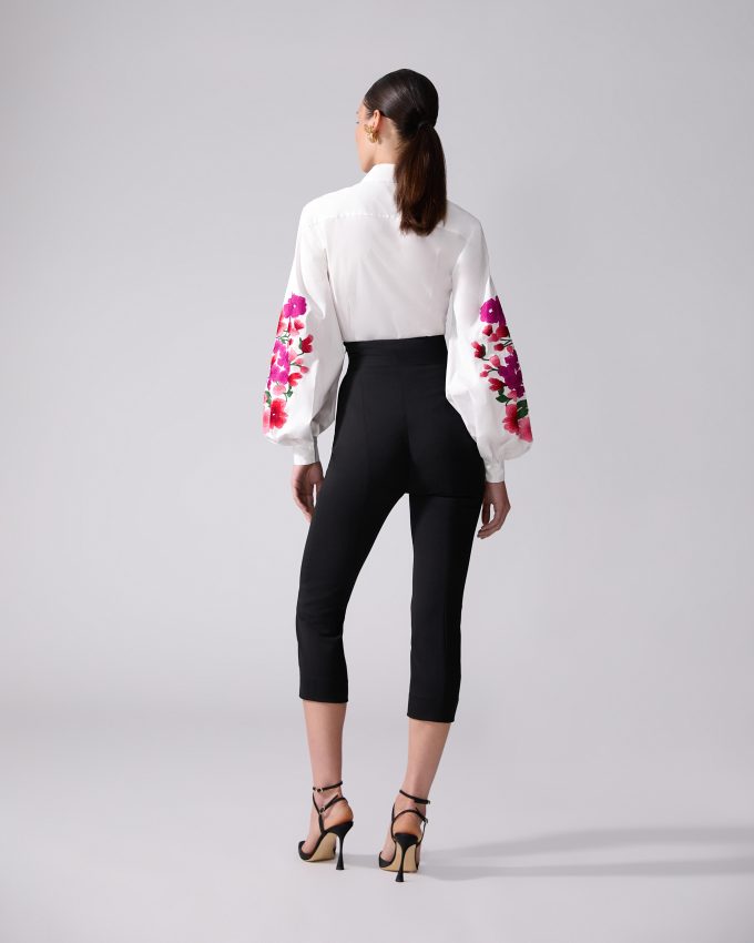 Floral-Embroidered Puff-Sleeve Shirt