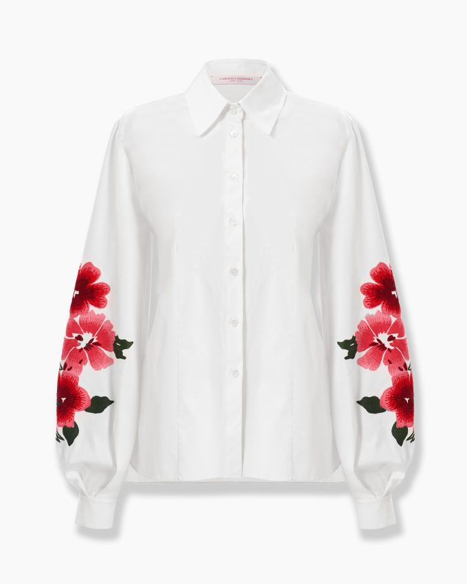 Floral-Embroidered Puff-Sleeve Shirt