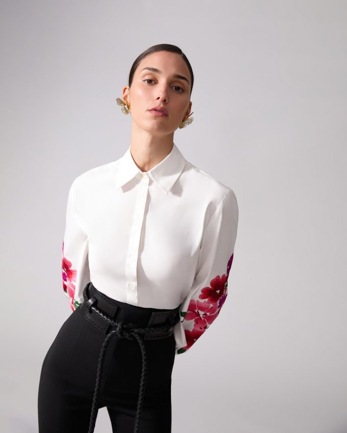 Floral-Embroidered Puff-Sleeve Shirt