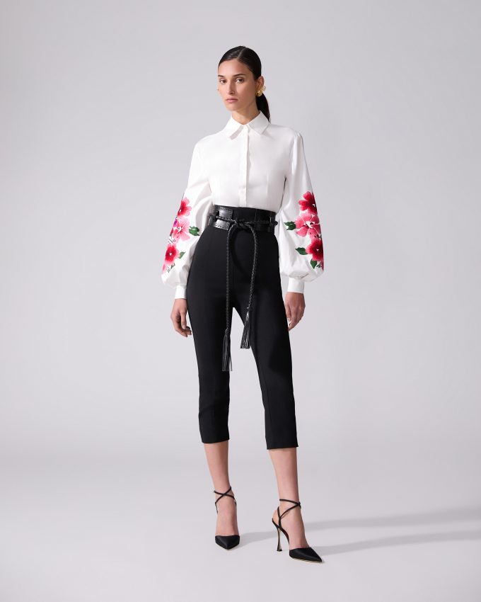 Floral-Embroidered Puff-Sleeve Shirt