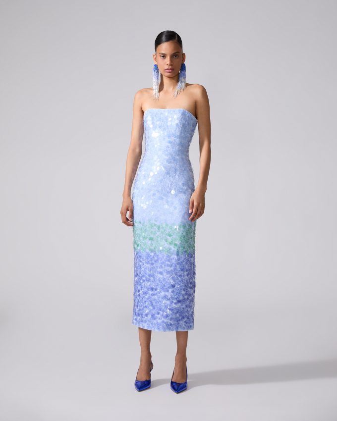 Strapless Ombré Paillette Midi Dress