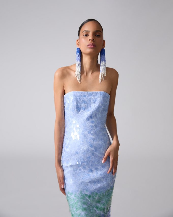 Strapless Ombré Paillette Midi Dress