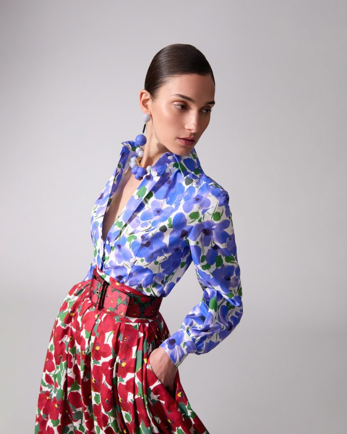 Floral-Print Cummerbund Midi Skirt