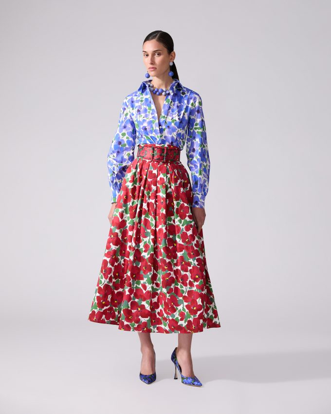 Floral-Print Cummerbund Midi Skirt