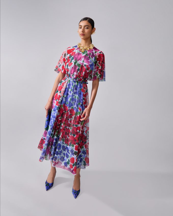 Jardin-Print Gathered Midi Dress