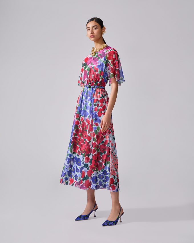Jardin-Print Gathered Midi Dress