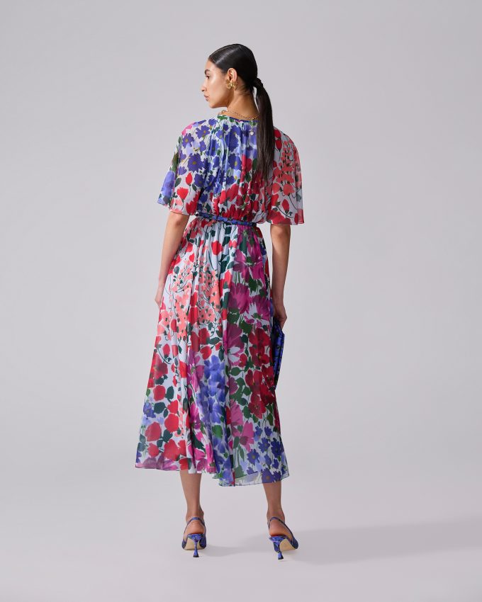 Jardin-Print Gathered Midi Dress