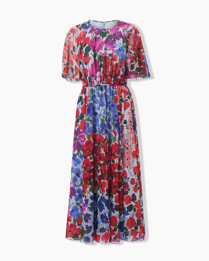 Jardin-Print Gathered Midi Dress