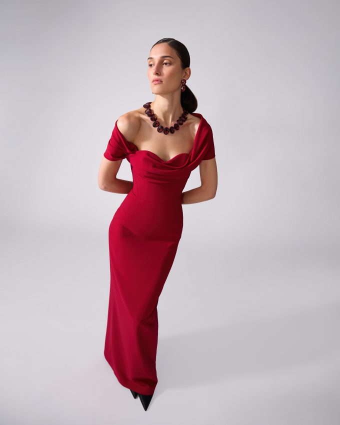 Draped Off-Shoulder Column Gown