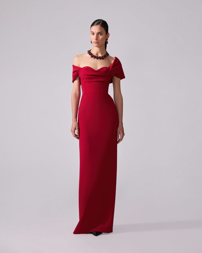 Draped Off-Shoulder Column Gown