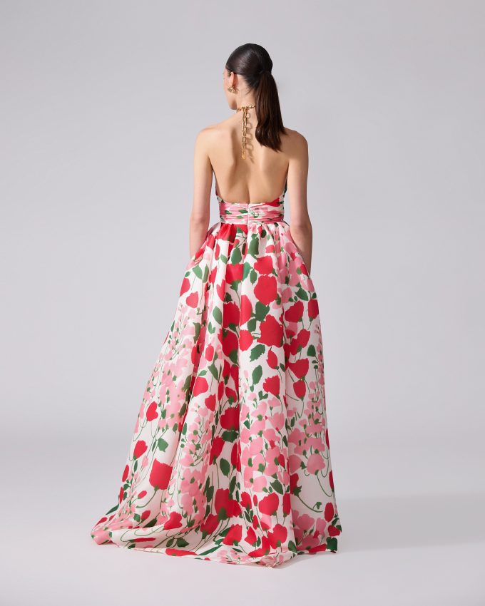 Chain-Strap Floral-Print Halterneck Gown