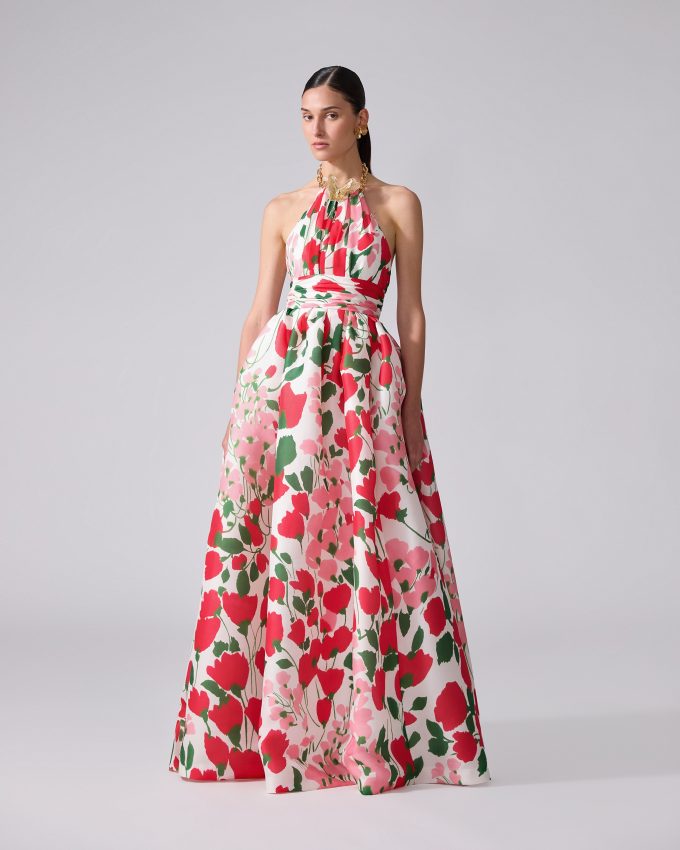 Chain-Strap Floral-Print Halterneck Gown