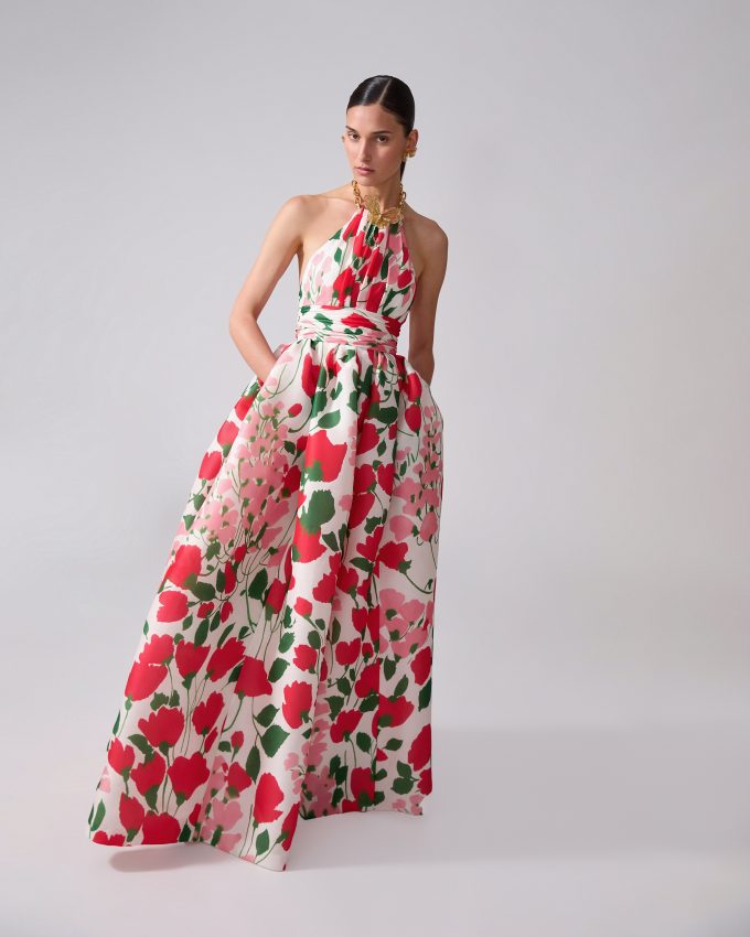 Chain-Strap Floral-Print Halterneck Gown