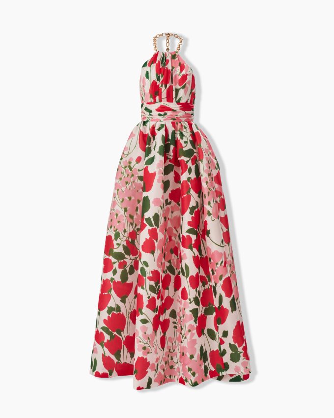 Chain-Strap Floral-Print Halterneck Gown