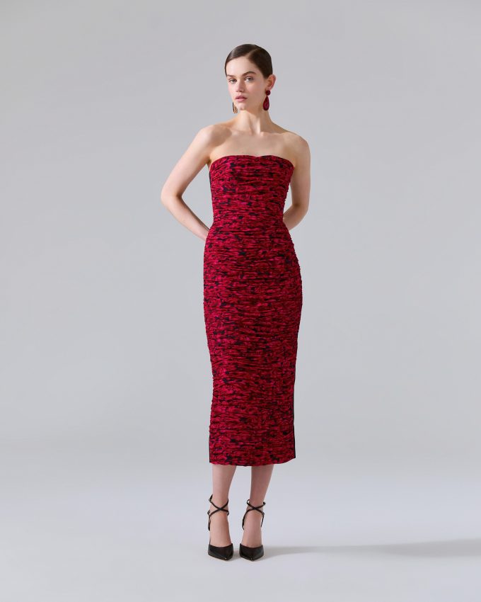 Strapless Gathered Rose-Print Dress