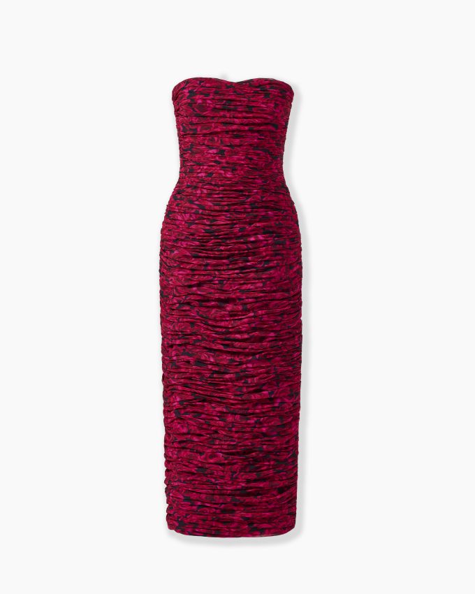 Strapless Gathered Rose-Print Dress