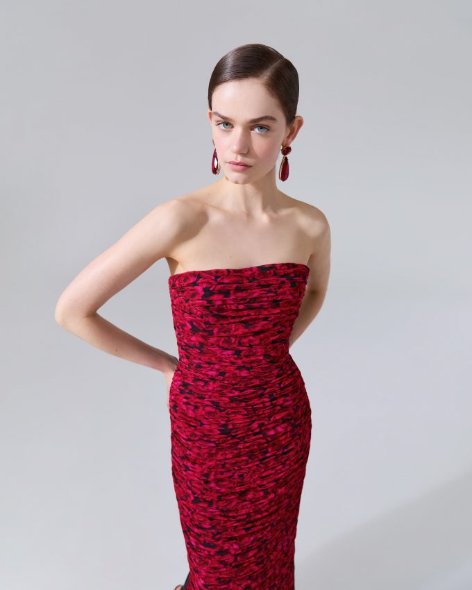 Strapless Gathered Rose-Print Dress