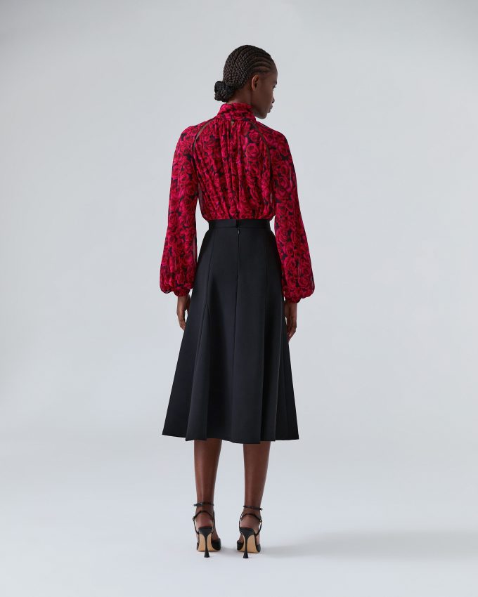 Rose-Print Georgette Mock Neck Blouse