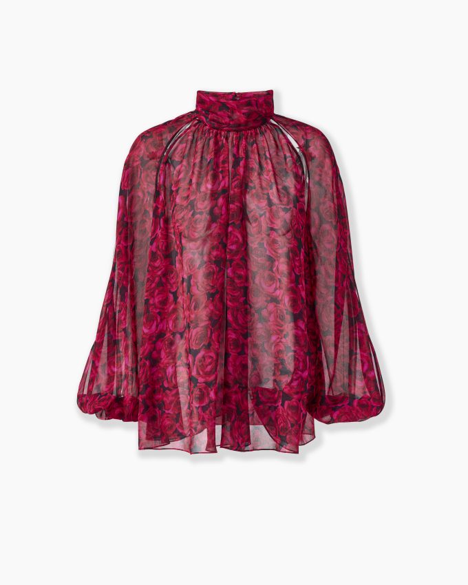 Rose-Print Georgette Mock Neck Blouse