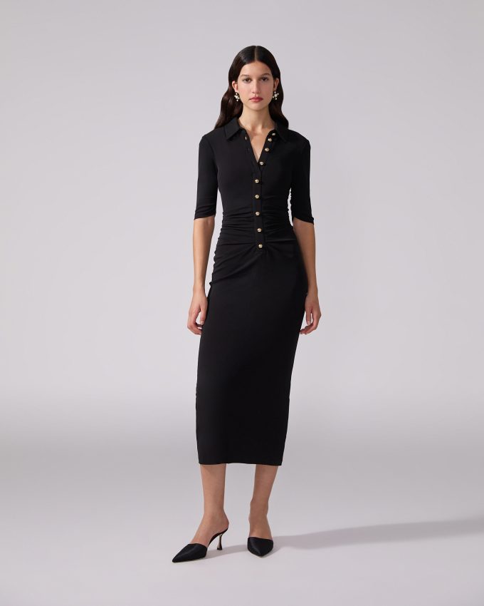 Ruched Button-Front Midi Dress