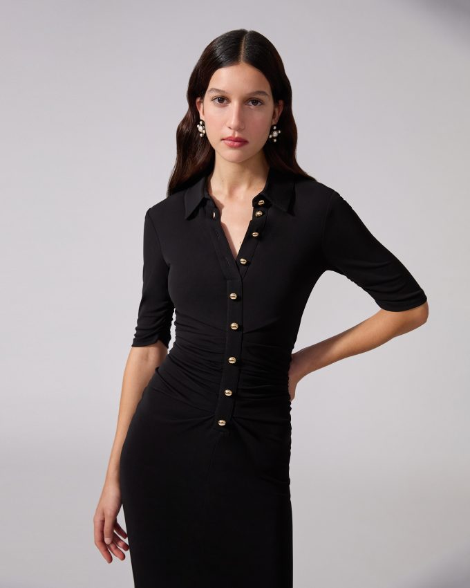 Ruched Button-Front Midi Dress