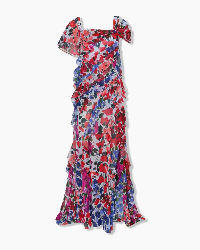 Jardin-Print One-Shoulder Gown