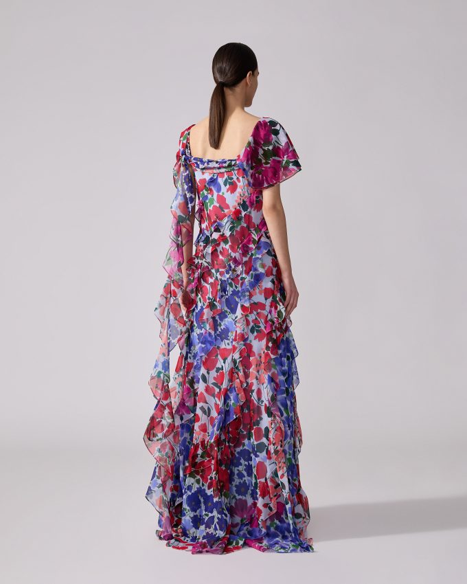 Jardin-Print One-Shoulder Gown