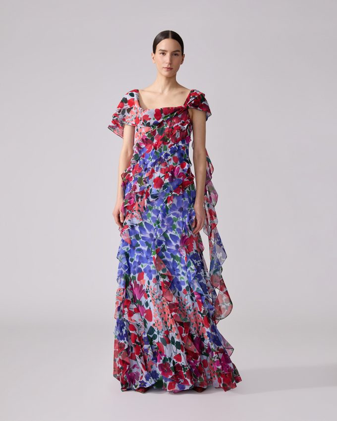 Jardin-Print One-Shoulder Gown