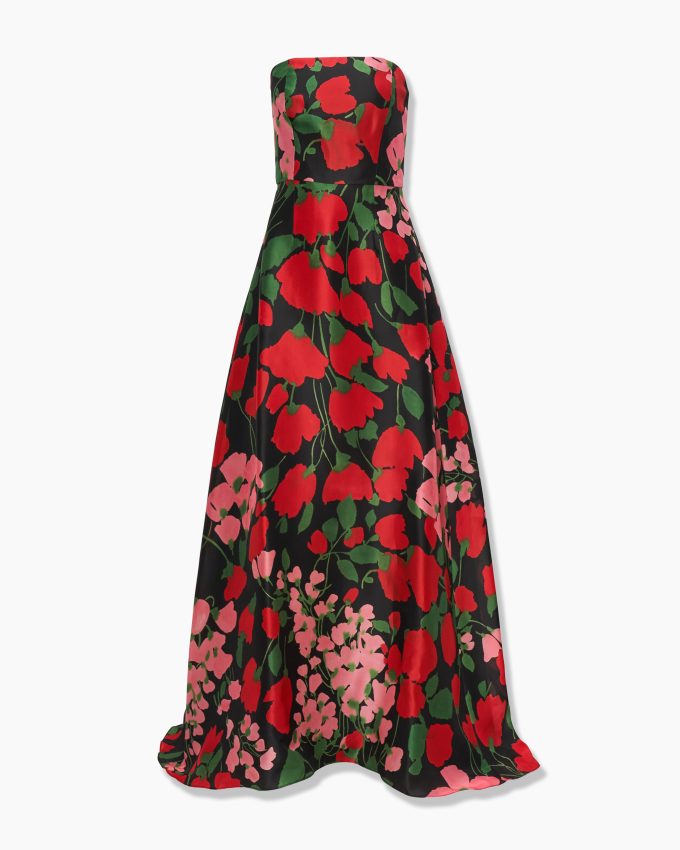 Floral-Print Strapless A-Line Gown