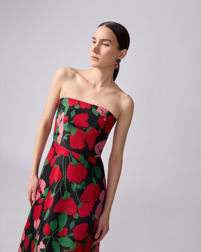 Floral-Print Strapless A-Line Gown