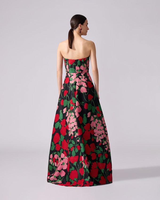 Floral-Print Strapless A-Line Gown