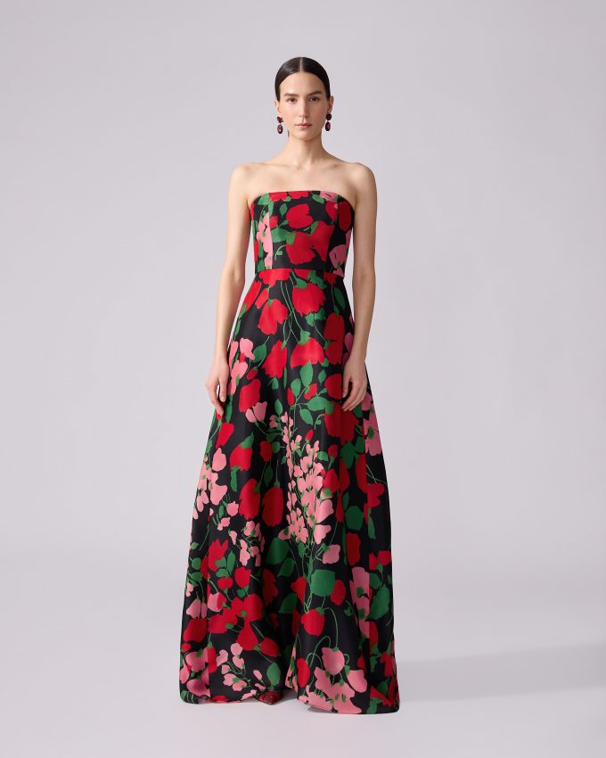 Floral-Print Strapless A-Line Gown