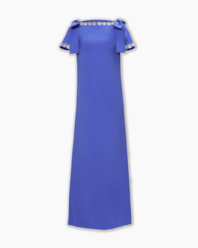 Embroidered Column Gown With Bows