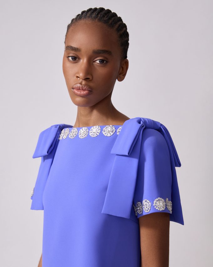 Embroidered Column Gown With Bows