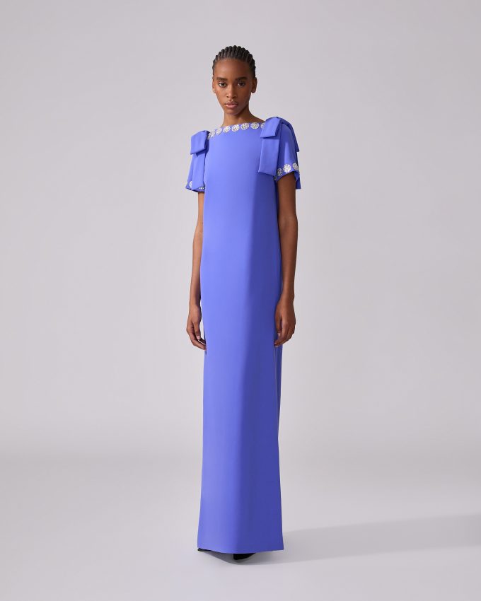 Embroidered Column Gown With Bows