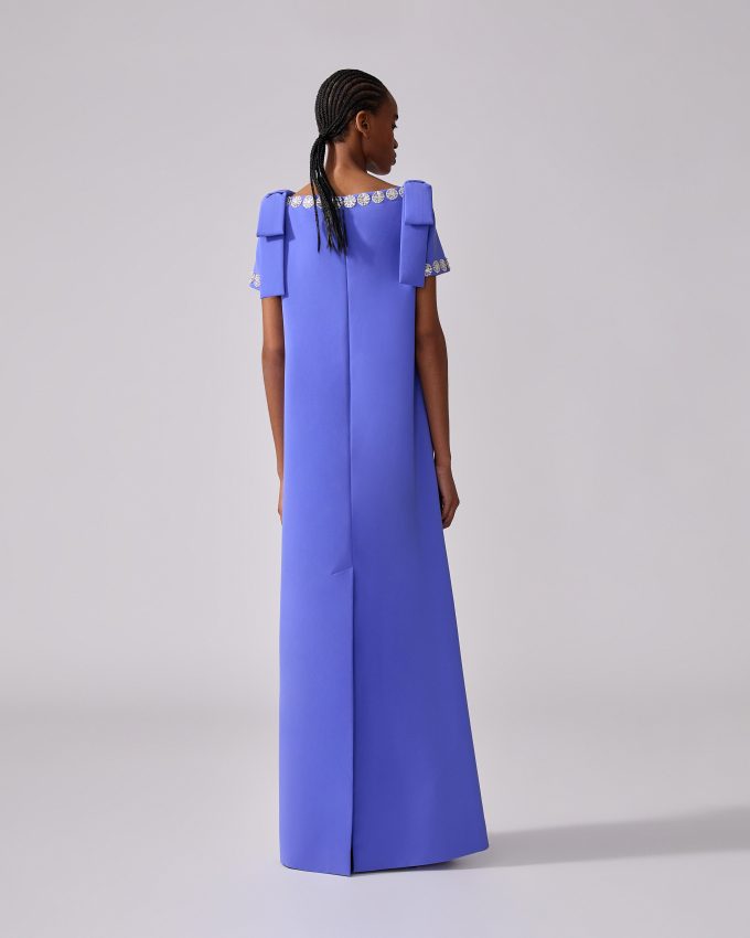Embroidered Column Gown With Bows