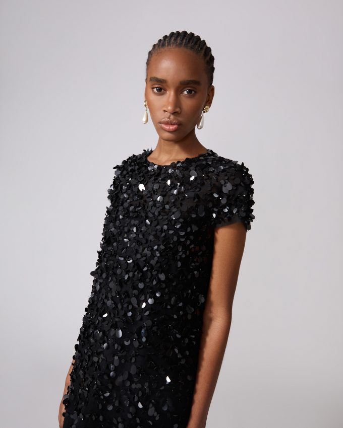 Short-Sleeve Sequin Gown