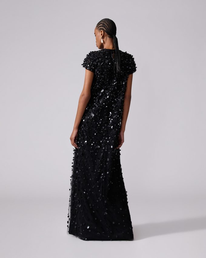 Short-Sleeve Sequin Gown