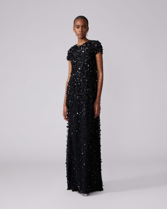Short-Sleeve Sequin Gown