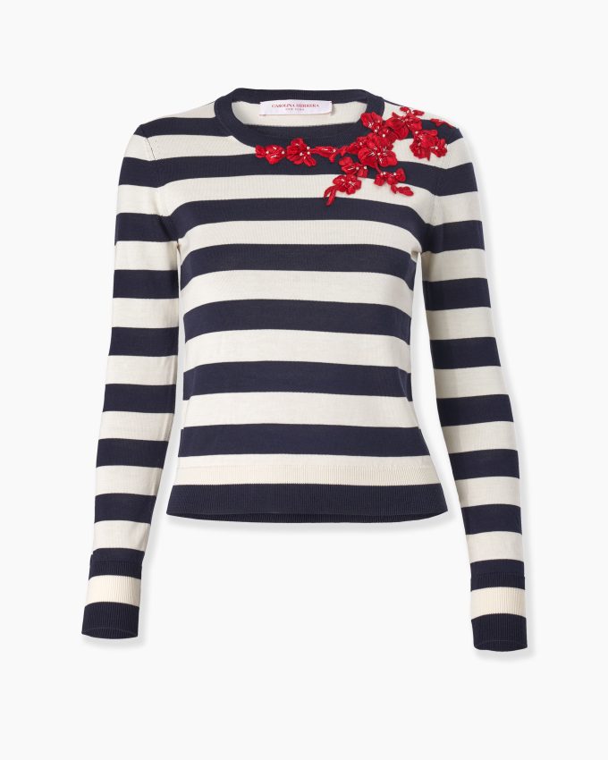Floral-Embroidered Striped Sweater
