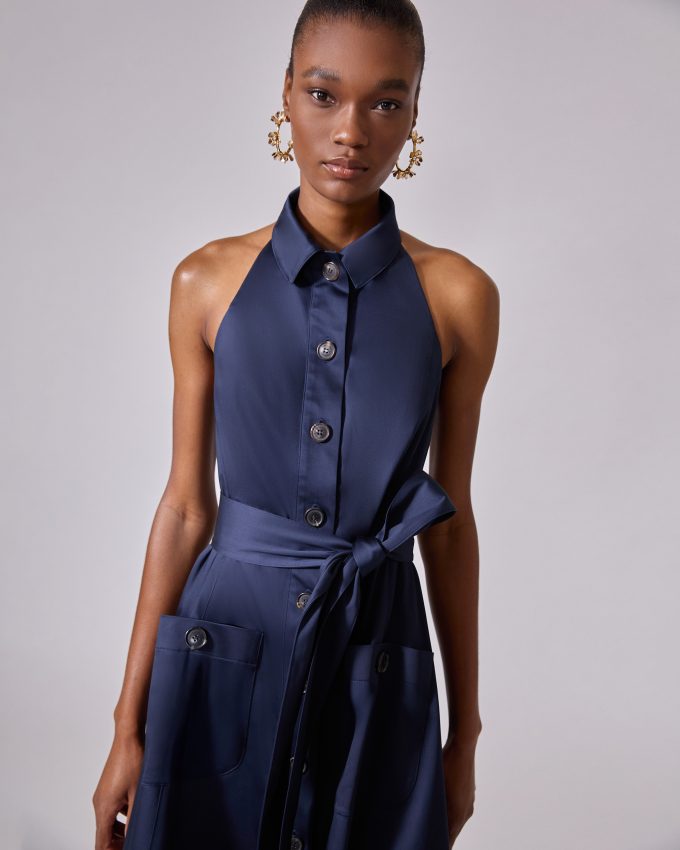 Sateen Halterneck Button-Front Dress