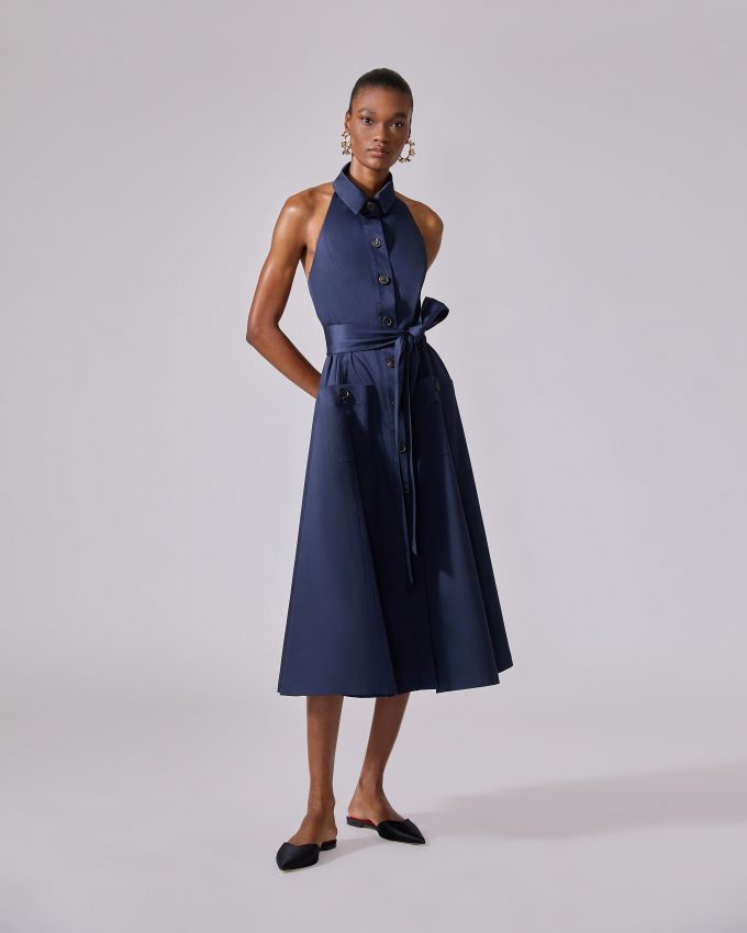 Sateen Halterneck Button-Front Dress