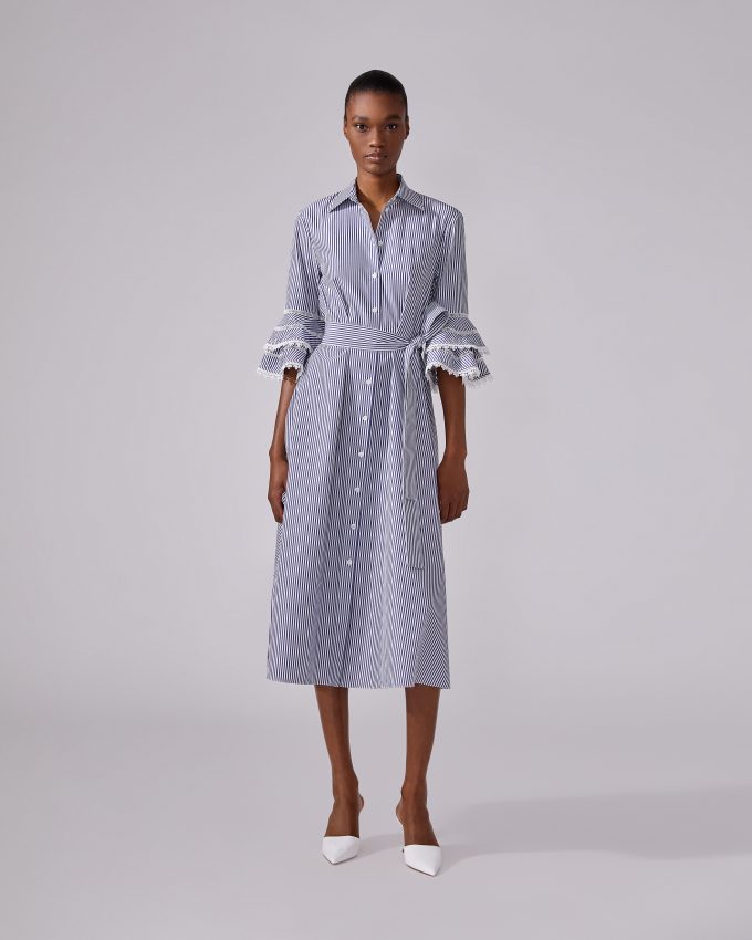 Lace-Trim Striped Shirt Dress
