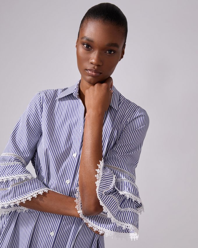 Lace-Trim Striped Shirt Dress