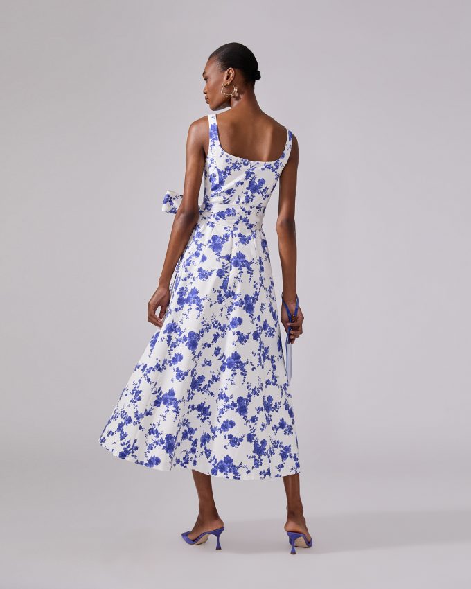 Floral-Print Midi Dress with Sash