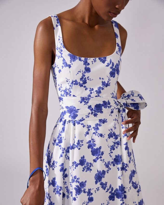 Floral-Print Midi Dress with Sash